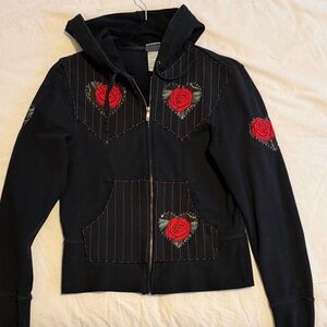 Unique Goth Punk Rock Black Zip-Up Sweatshirt Red Roses